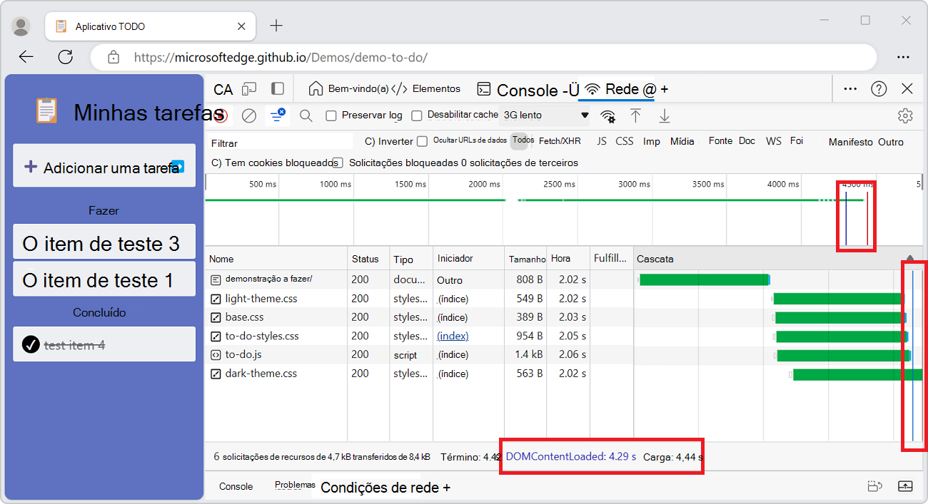 As localizações dos eventos DOMContentLoaded e load no painel Rede