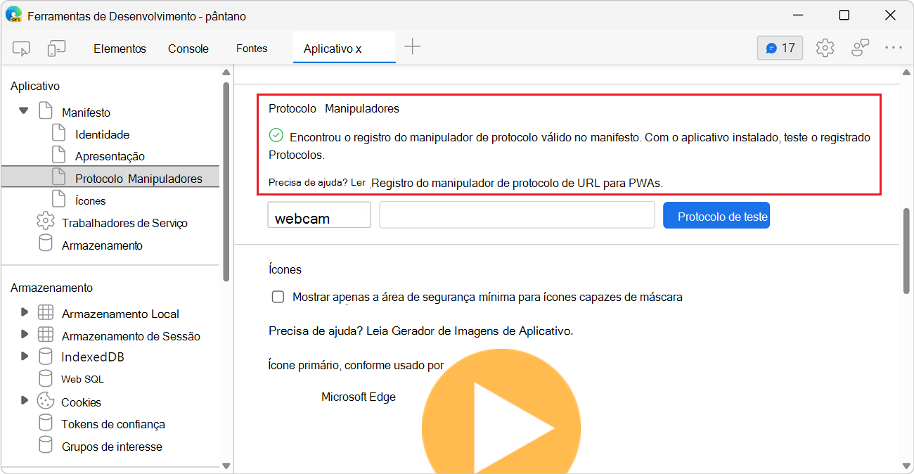 A seção Manipuladores de Protocolo do painel Manifesto com protocolos definidos