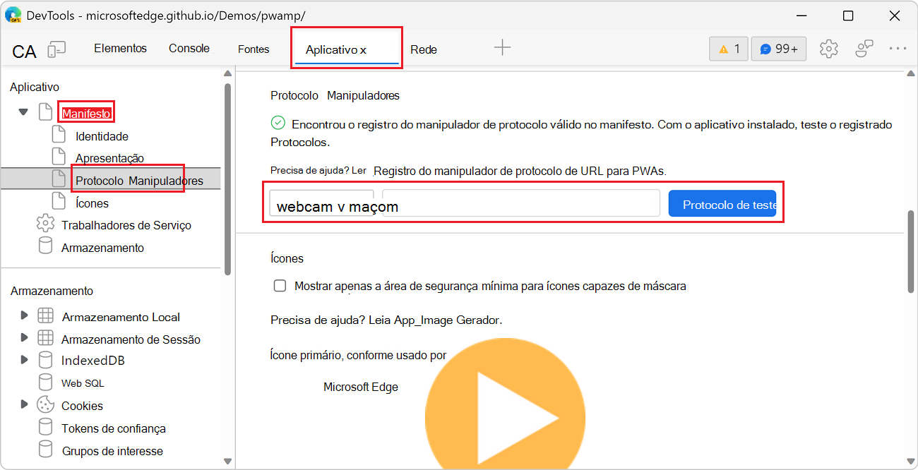 Testando o protocolo Web+amp personalizado da ferramenta Aplicativo