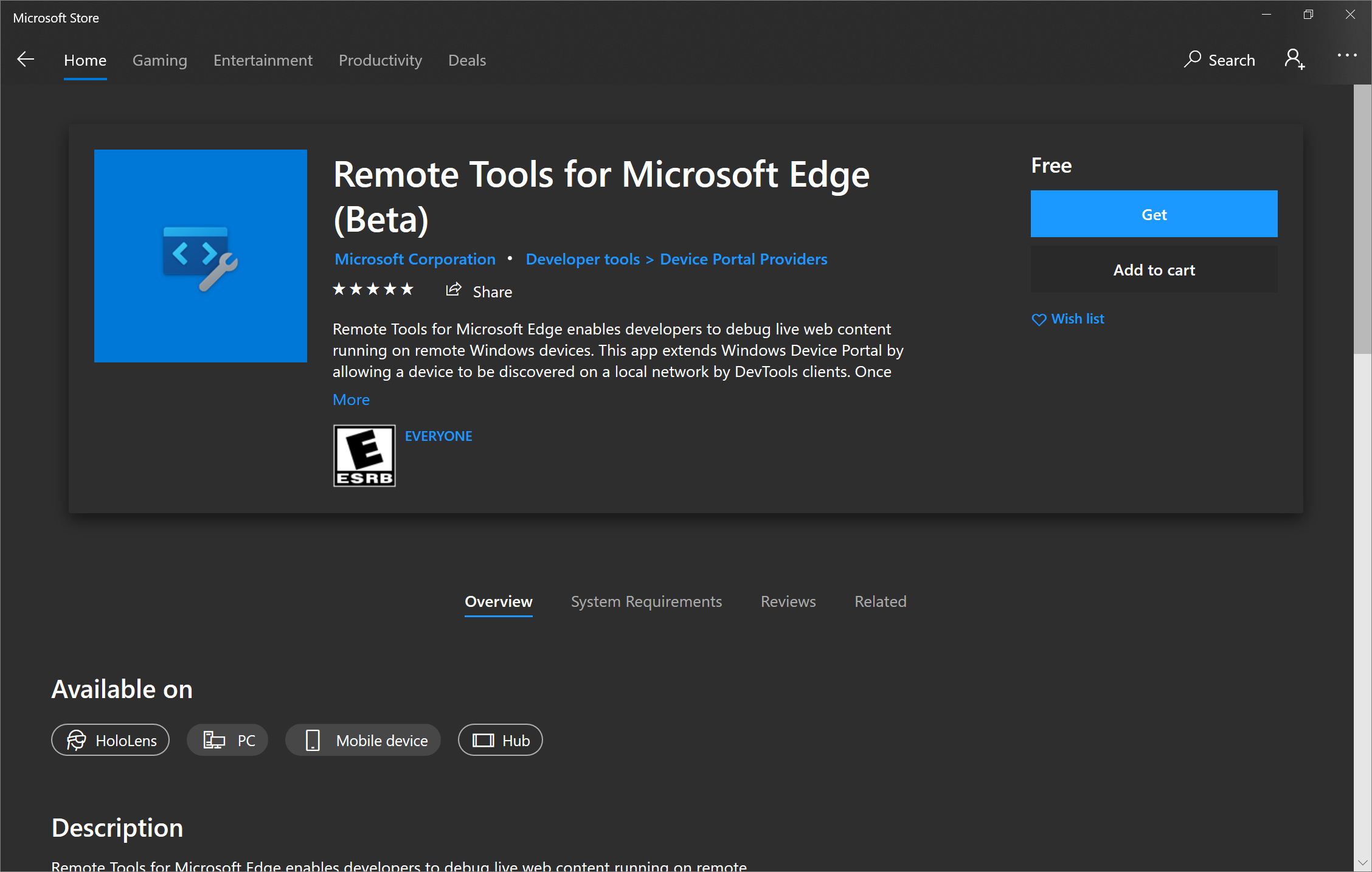 A aplicação Ferramentas Remotas para Microsoft Edge (Beta) disponível na Microsoft Store