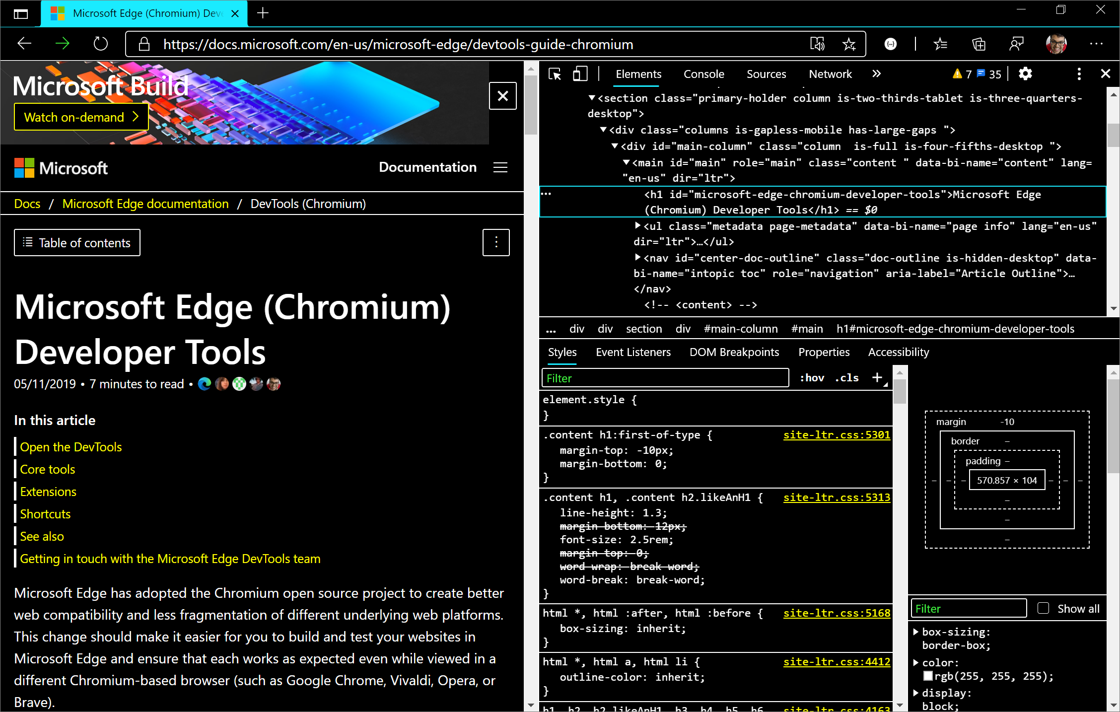 O Microsoft Edge DevTools no modo de alto contraste