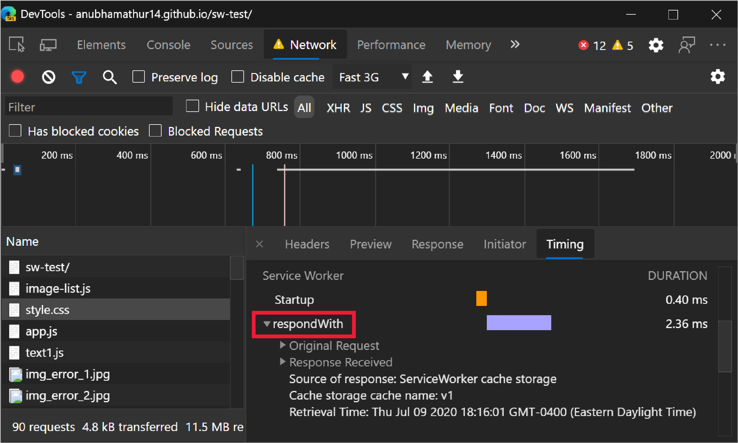 O evento respondWith service worker (ResponderCom trabalho de serviço) no separador Timing (Temporização) do painel Rede