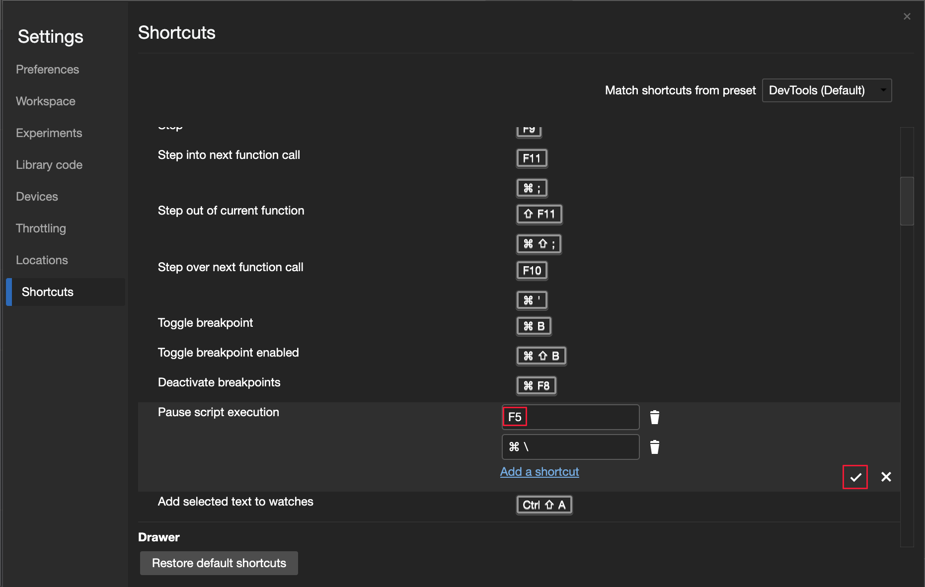 Personalizar atalhos de teclado nas Configurações de DevTools em Atalhos com um atalho no modo de edição