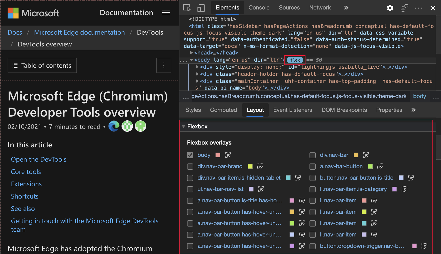 Seção Flexbox no painel Layout