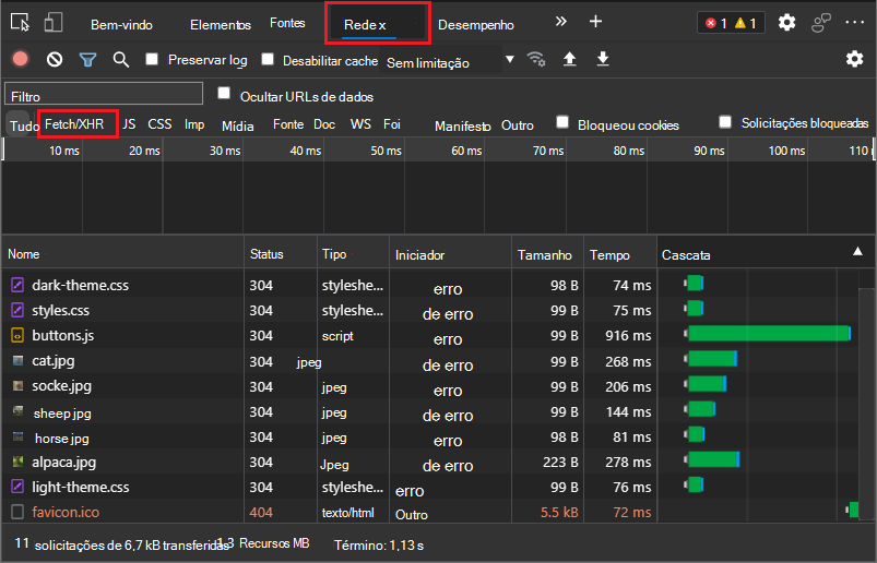 A ferramenta Rede mostra agora Fetch/XHR em vez de XHR