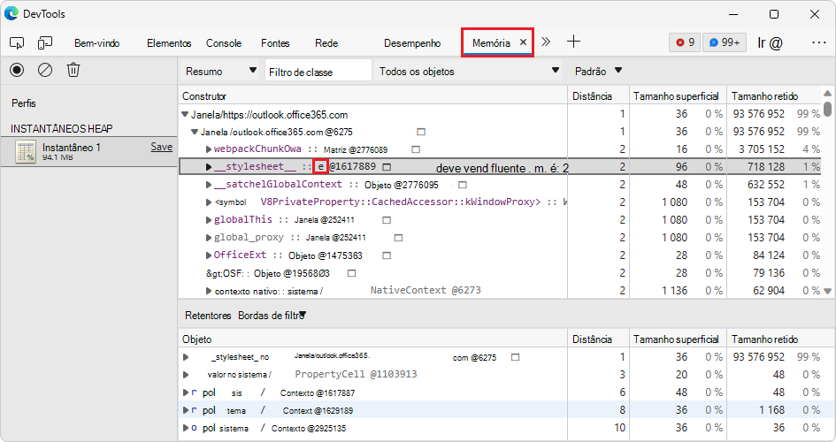 Uma área dinâmica para dados snapshot na ferramenta Memória apresenta nomes de objetos minificados