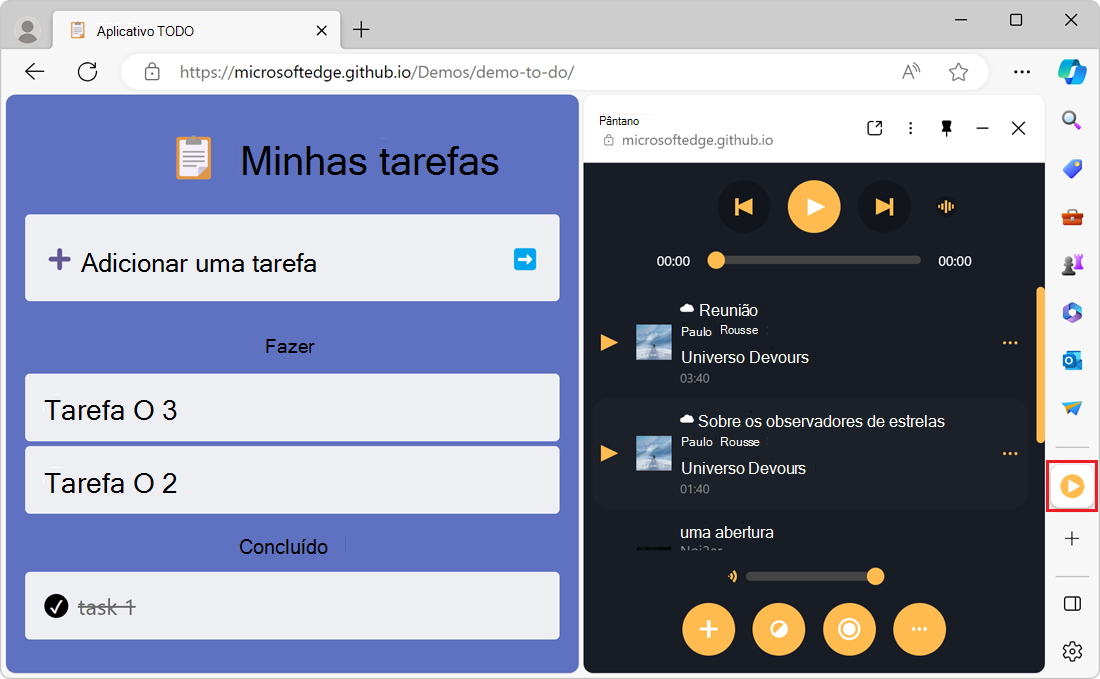Microsoft Edge com um separador aberto numa aplicação lista TODO e PWAmp na barra lateral