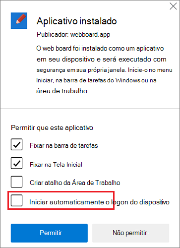 A caixa de diálogo pós-instalação é aberta automaticamente após a instalação de um aplicativo