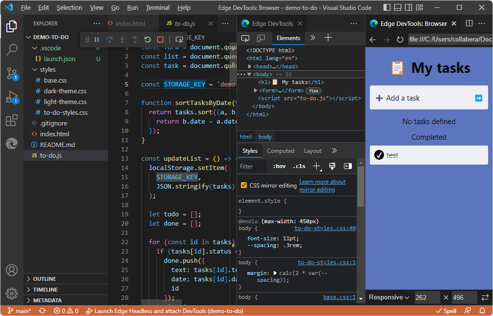 O botão Inspecionar abre o Microsoft Edge DevTools no Visual Studio Code