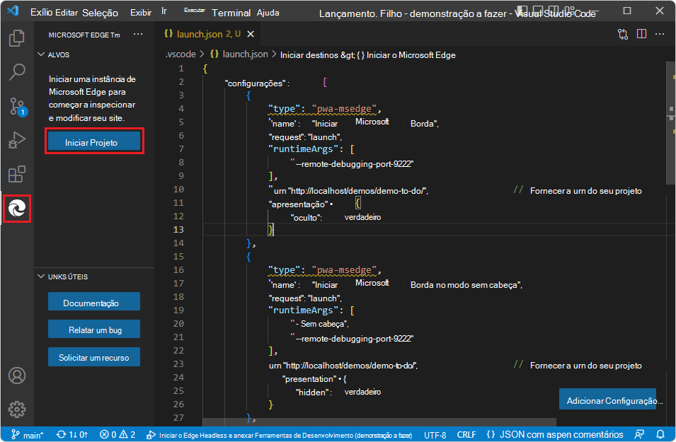 Painel Destinos quando existe um ficheiro de launch.json