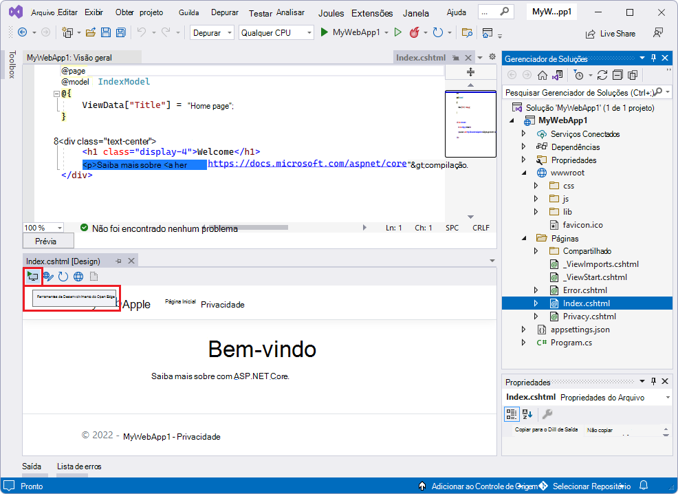 Um projeto ASP.NET, abrindo o Edge DevTools