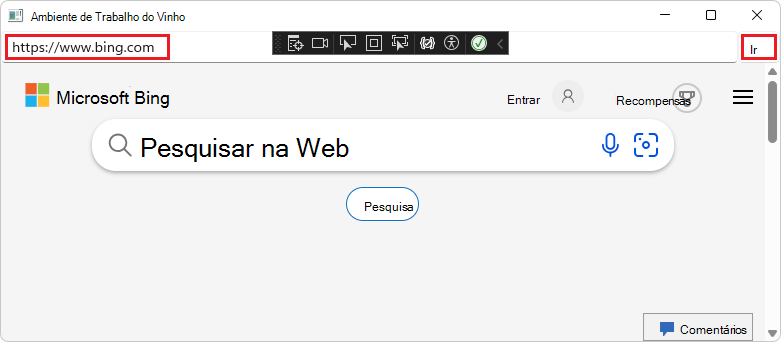 A aplicação, depois de navegar para o endereço HTTPS do Bing