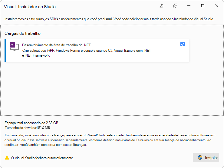 Instalador do Visual Studio para a carga de trabalho de desenvolvimento da área de trabalho do .NET