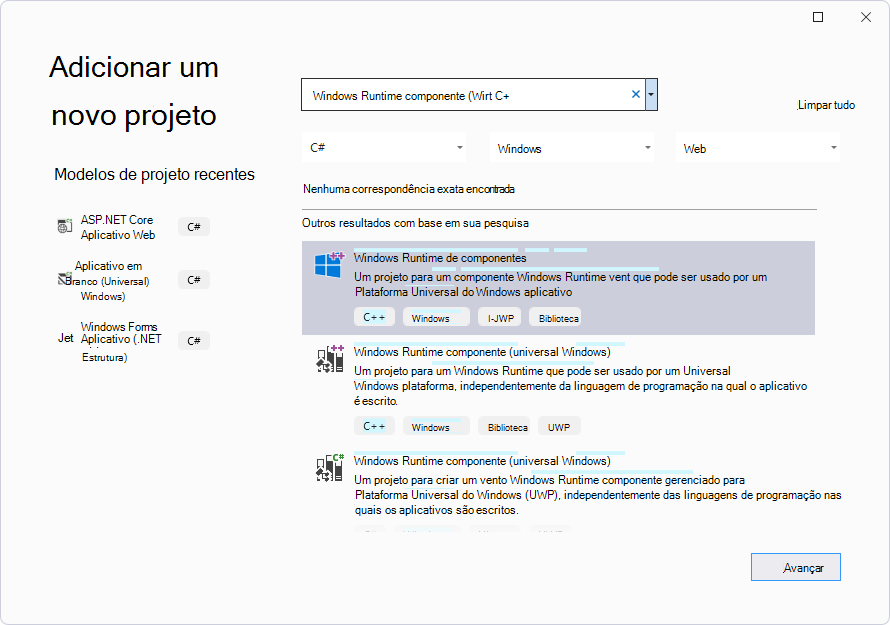 Selecionando o cartão C++/WinRT (Componente Windows Runtime) na caixa de diálogo 'Adicionar um novo projeto'