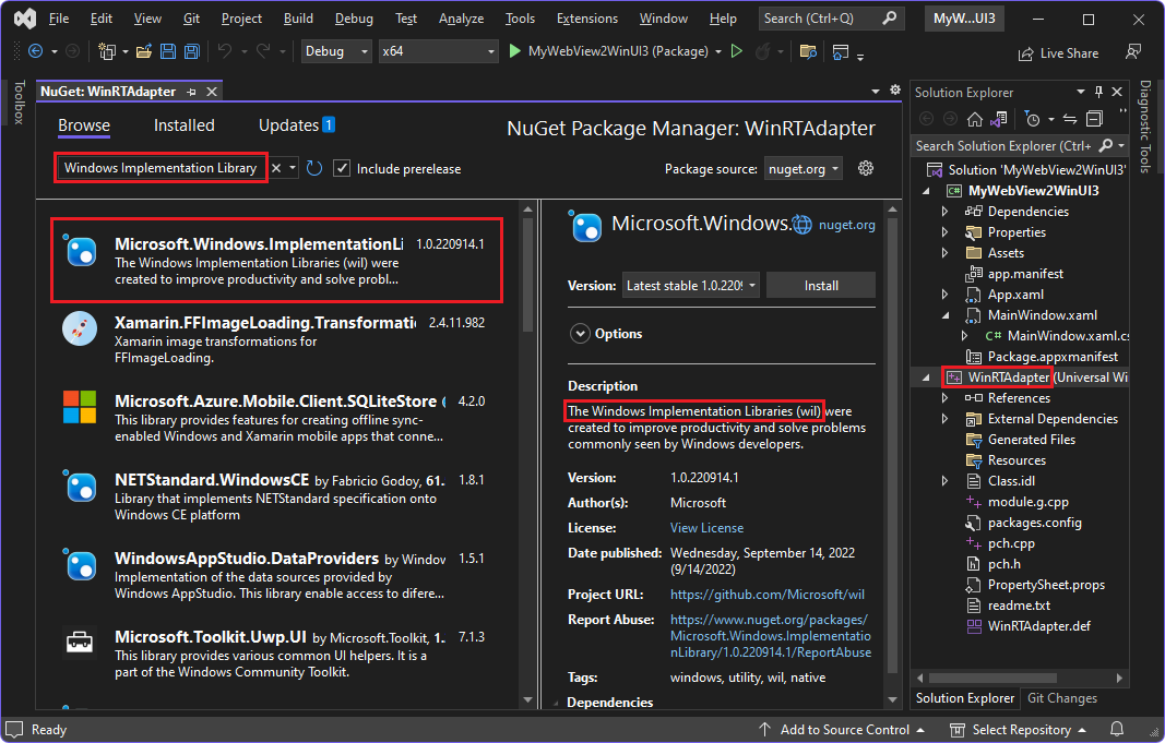 Gerenciador de Pacotes do NuGet, selecionando o pacote 'Biblioteca de Implementação do Windows' (solução WinUI 3)