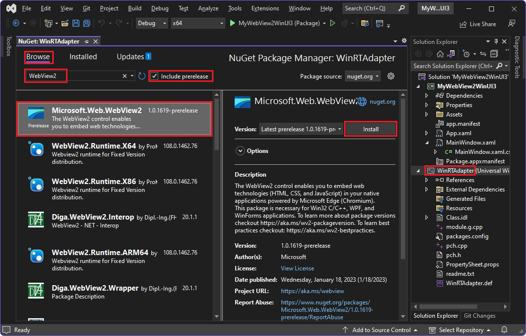 Gerenciador de Pacotes do NuGet, selecionando o pacote do SDK do WebView2 para o projeto WinRTAdapter (WinUI 3)