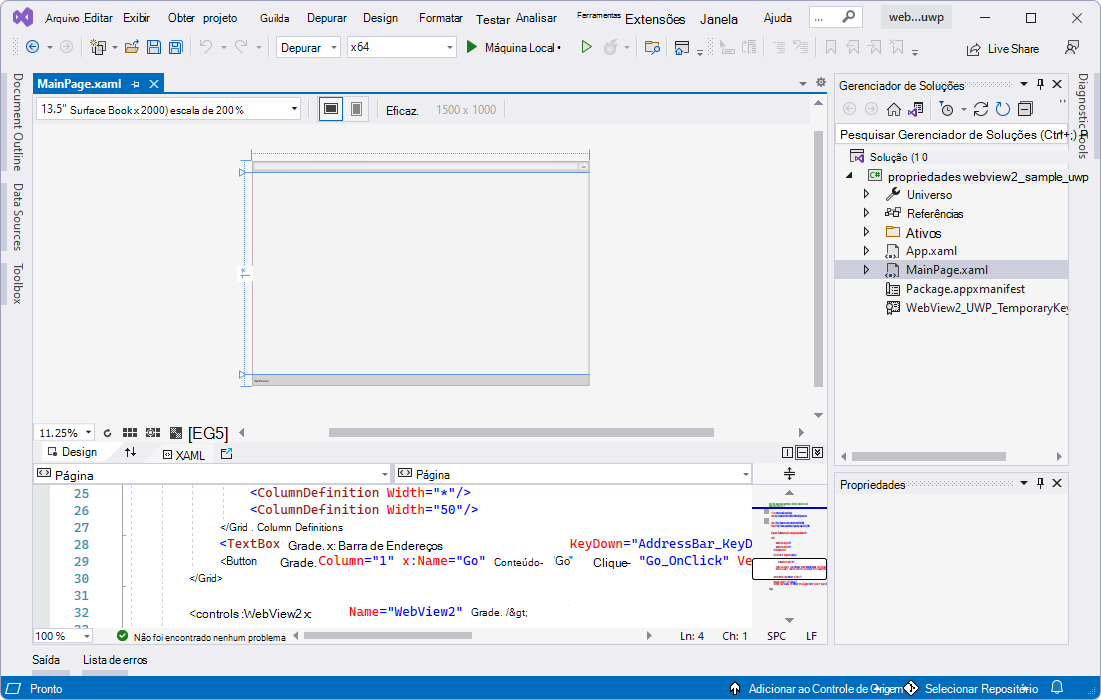 O exemplo de webview2_sample_uwp aberto no Visual Studio no Explorador de Soluções