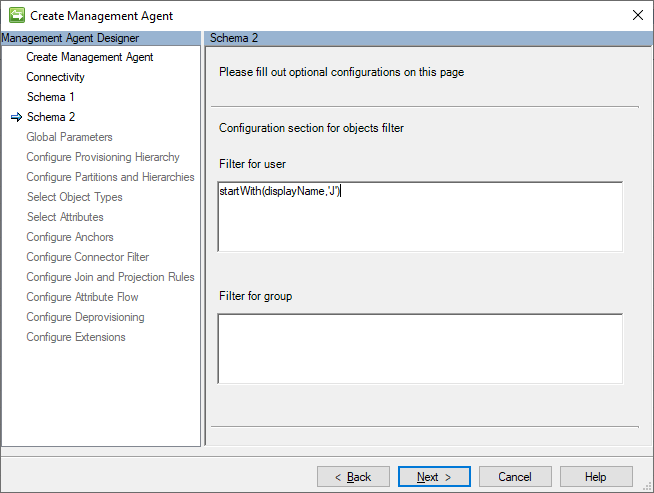 Imagem 2 da página de configurações do conector com um filtro de amostra startsWith(displayName,'J')