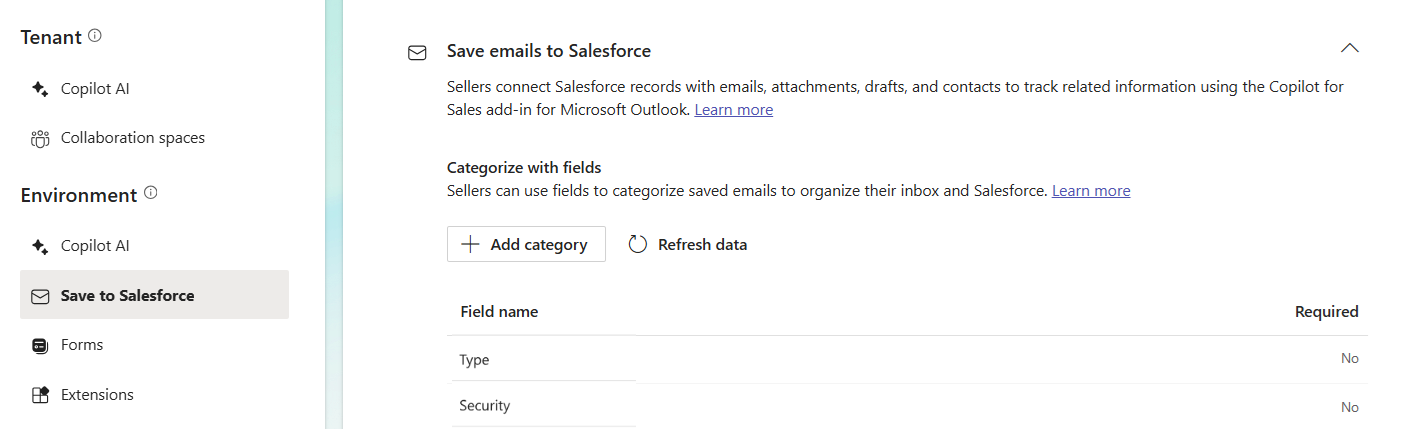 Captura de tela mostrando as configurações Salvar emails no Salesforce em configurações de administrador do Copilot para Vendas no Teams.