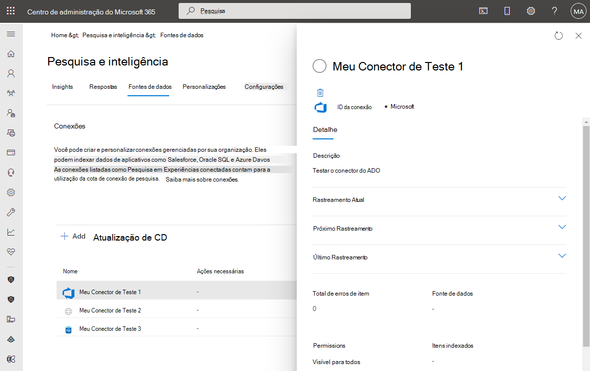 Captura de ecrã que mostra a lista de conectores com um conector selecionado e o painel de detalhes a mostrar informações sobre este conector.