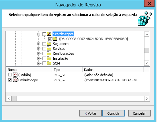 Navegador do Registro com DefaultScope selecionado.