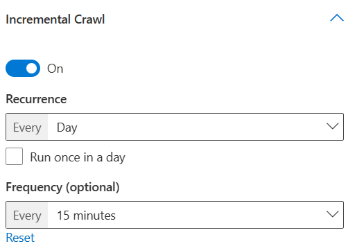 Captura de ecrã que mostra a execução da pesquisa incremental diariamente a cada 15 minutos.