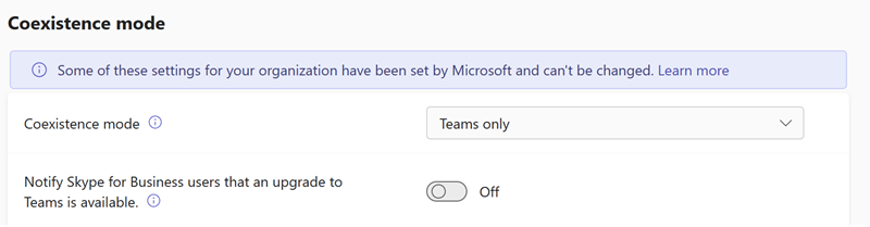Captura de ecrã a mostrar as definições do modo de coexistência de atualização do Teams no centro de administração do Teams.