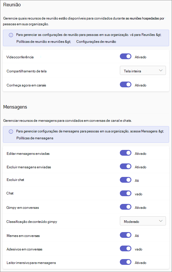 Configurações de permissões de convidado no Teams.