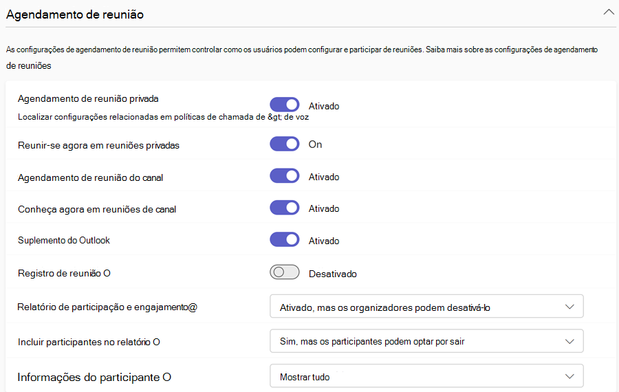 Captura de ecrã a mostrar as políticas de agendamento de reuniões do Teams no centro de administração do Teams.