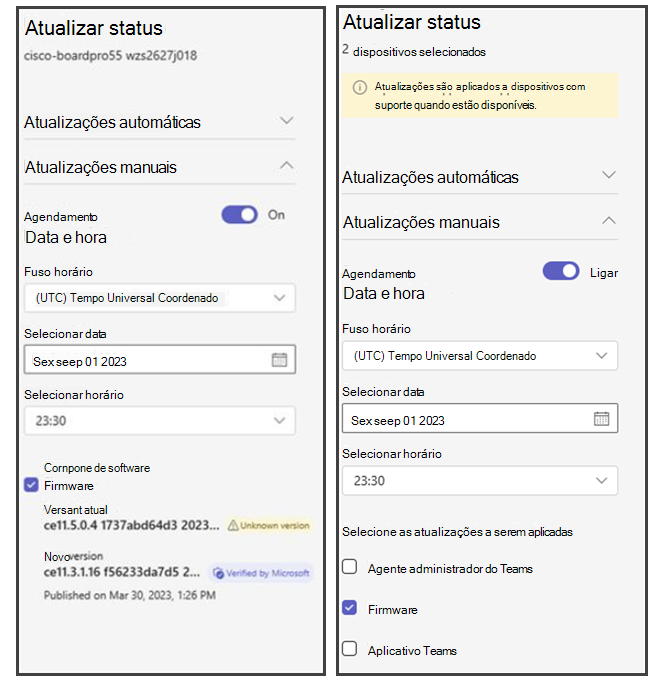 O dispositivo status painel de atualização com dispositivos individuais e múltiplos selecionados.