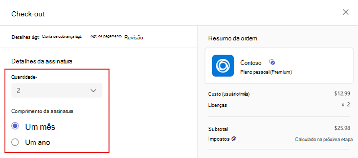 Captura de ecrã a mostrar a caixa de diálogo de finalização da compra para selecionar o número de licenças quando um administrador compra uma aplicação.