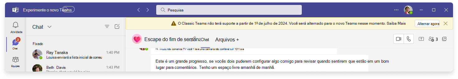 Mostra a faixa na parte superior do cliente do Teams que diz 