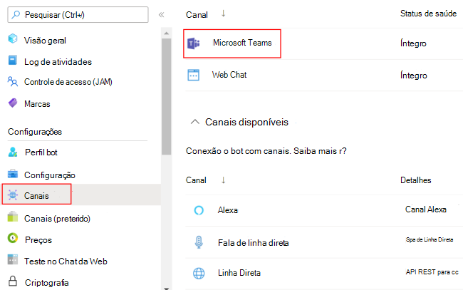 Captura de ecrã a mostrar como selecionar o Teams em canais.