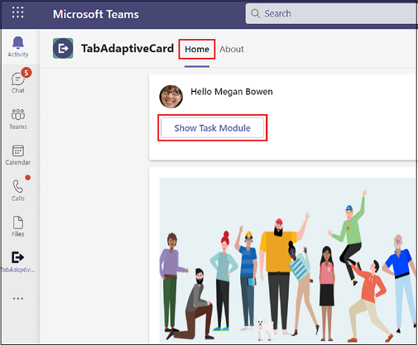 Captura de ecrã do Microsoft Teams com Home Page e Mostrar Módulo de Tarefa realçado a vermelho.