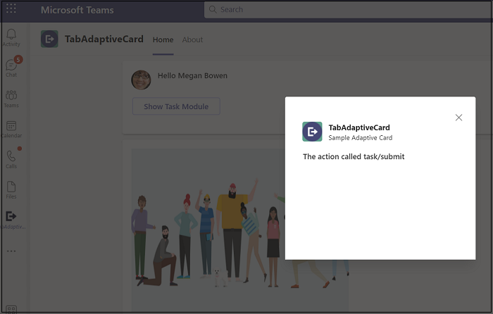 Captura de ecrã a mostrar o Microsoft Teams a mostrar o pedido de submissão/tarefa AdaptiveCard acionado.