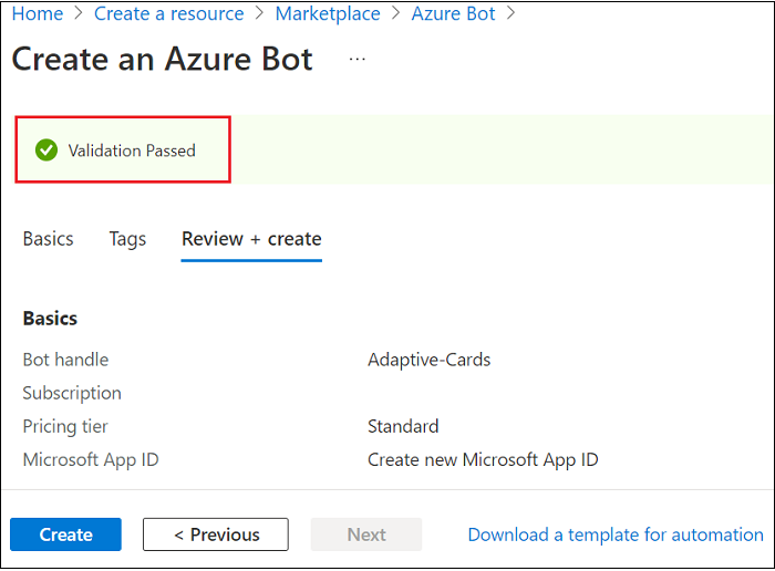 Captura de ecrã a mostrar a forma como a validação do bot do Azure passa.