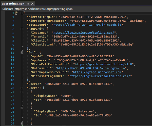 Captura de ecrã a mostrar appsettings.json a mostrar os detalhes das definições de aplicações.