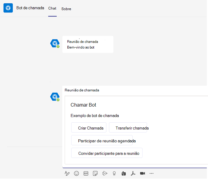 Captura de ecrã a mostrar o Bot de chamada a apresentar texto de boas-vindas.