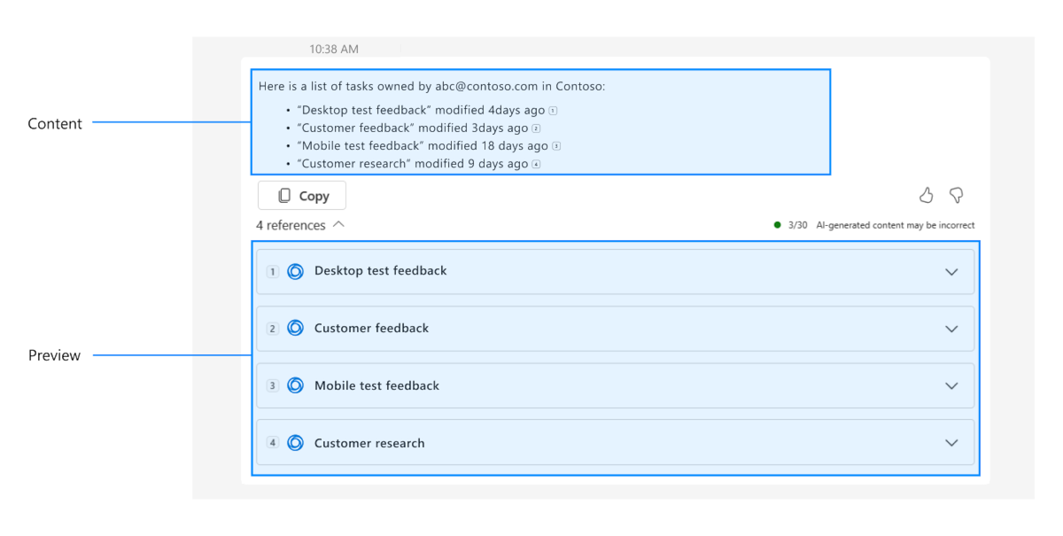 Captura de ecrã a mostrar um exemplo de uma aplicação de exemplo a mostrar a resposta de Microsoft 365 Copilot que contém Pré-visualização e Conteúdo na mesma resposta.