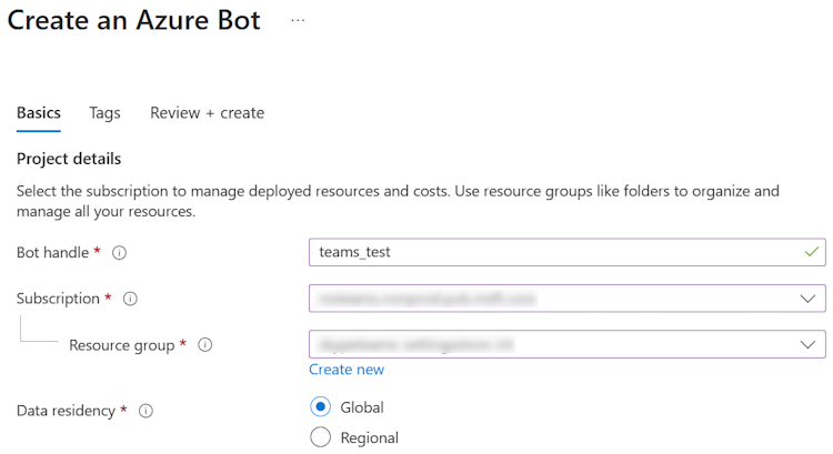 Captura de ecrã a mostrar o grupo de recursos de opção e a subscrição no portal do Azure.