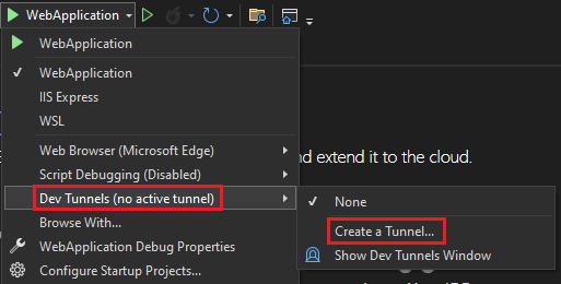 Captura de ecrã a mostrar a lista pendente para selecionar o túnel do desenvolvedor.