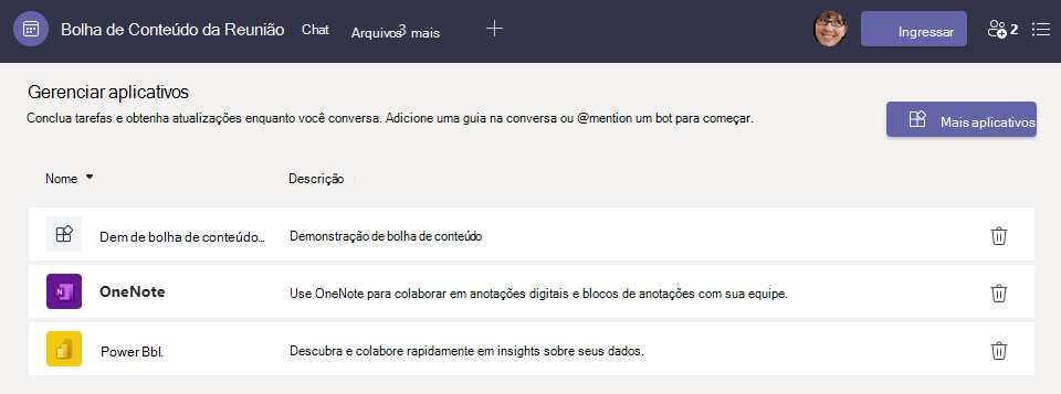 Captura de ecrã a mostrar a secção que mostra a lista de aplicações.