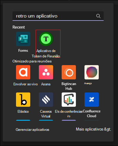 Captura de ecrã a mostrar Localizar uma aplicação com a Aplicação Token de Reunião realçada a vermelho. 