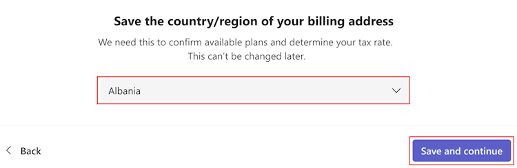 Captura de ecrã a mostrar a opção para selecionar o país ou região.