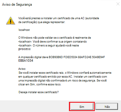 Captura de ecrã a mostrar uma janela de certificado de instalação.