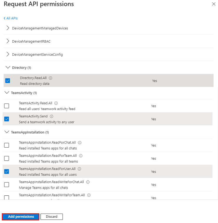 Captura de ecrã a mostrar as várias permissões de API.