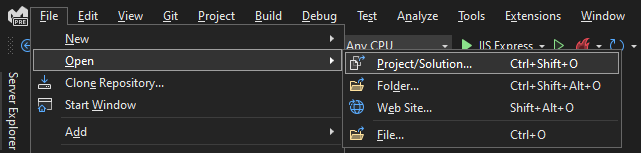 Captura de ecrã a mostrar como abrir um projeto no Visual Studio.