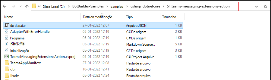 Captura de ecrã do repositório clonado com o caminho do ficheiro e o ficheiro JSON appsettings realçado a vermelho.