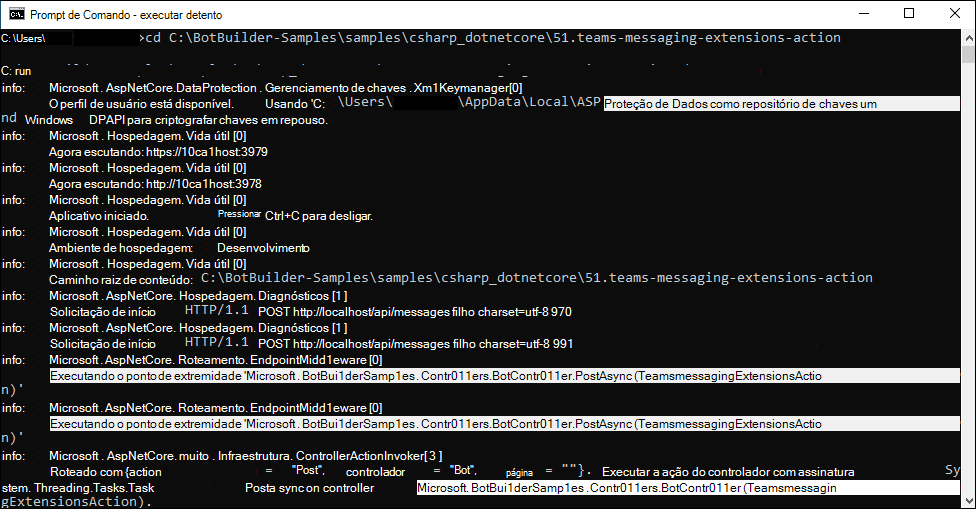 Captura de ecrã da Linha de Comandos – execução do dotnet com o comando dotnet run.