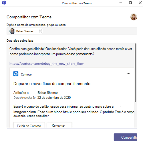 Captura de ecrã a mostrar a experiência de desfraldamento da ligação Partilhar no Teams.